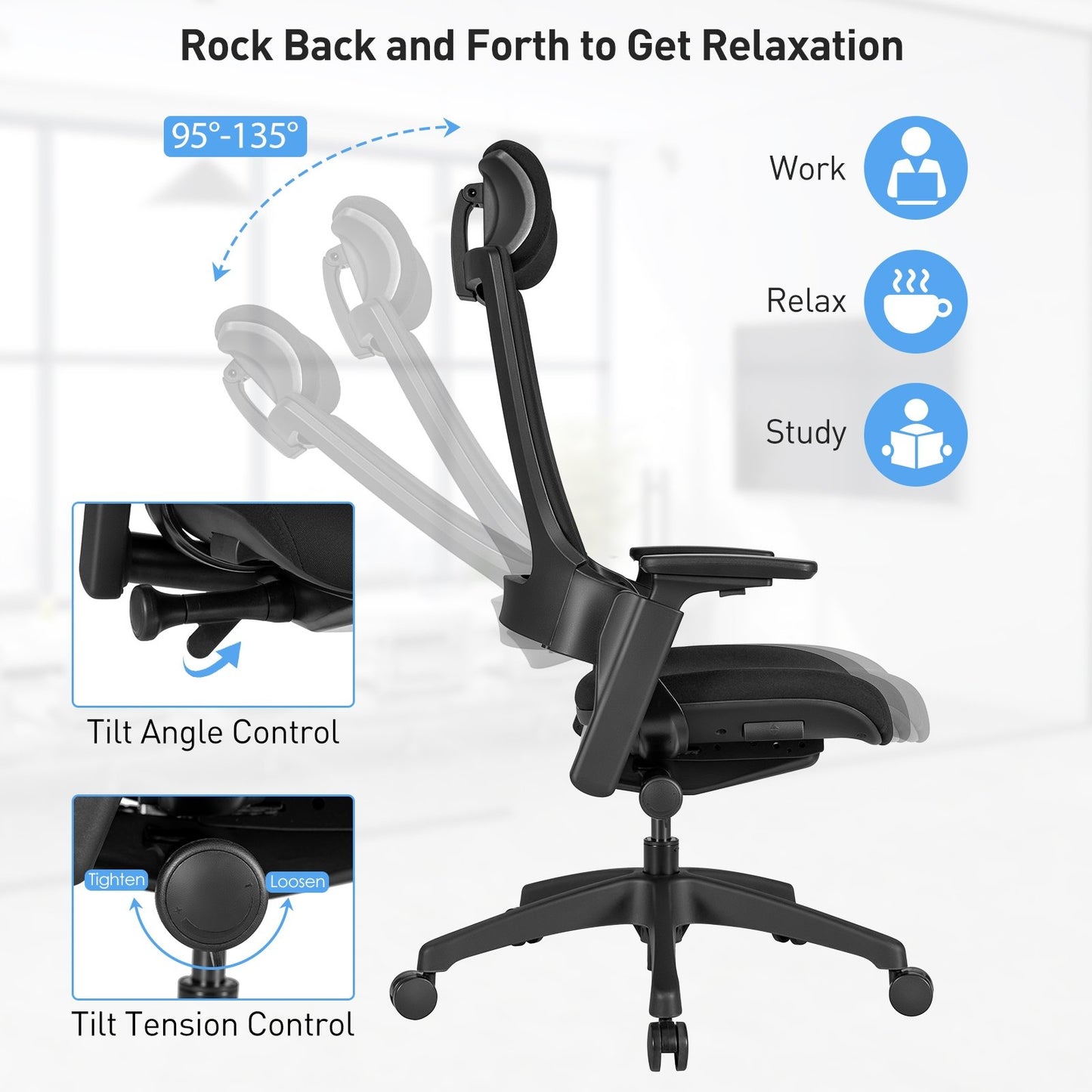 Reclining Computer Desk Chair with 3D Armrests and Headrest, Black - Gallery Canada