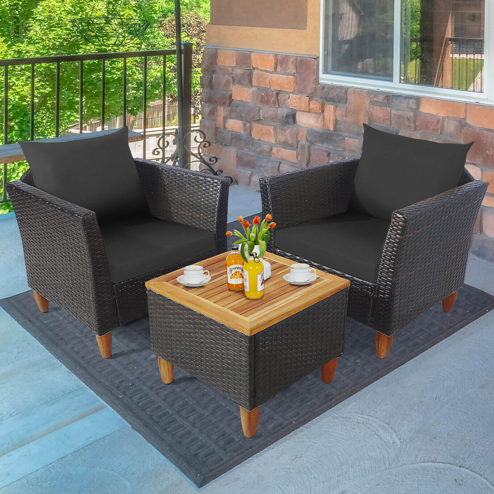 3 Pieces Patio Rattan Bistro Furniture Set, Black Patio Conversation Sets   at Gallery Canada