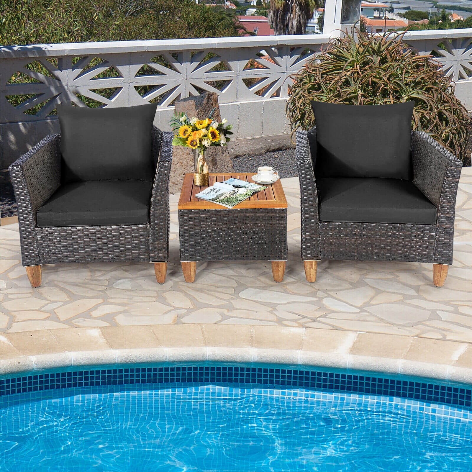 3 Pieces Patio Rattan Bistro Furniture Set, Black Patio Conversation Sets   at Gallery Canada