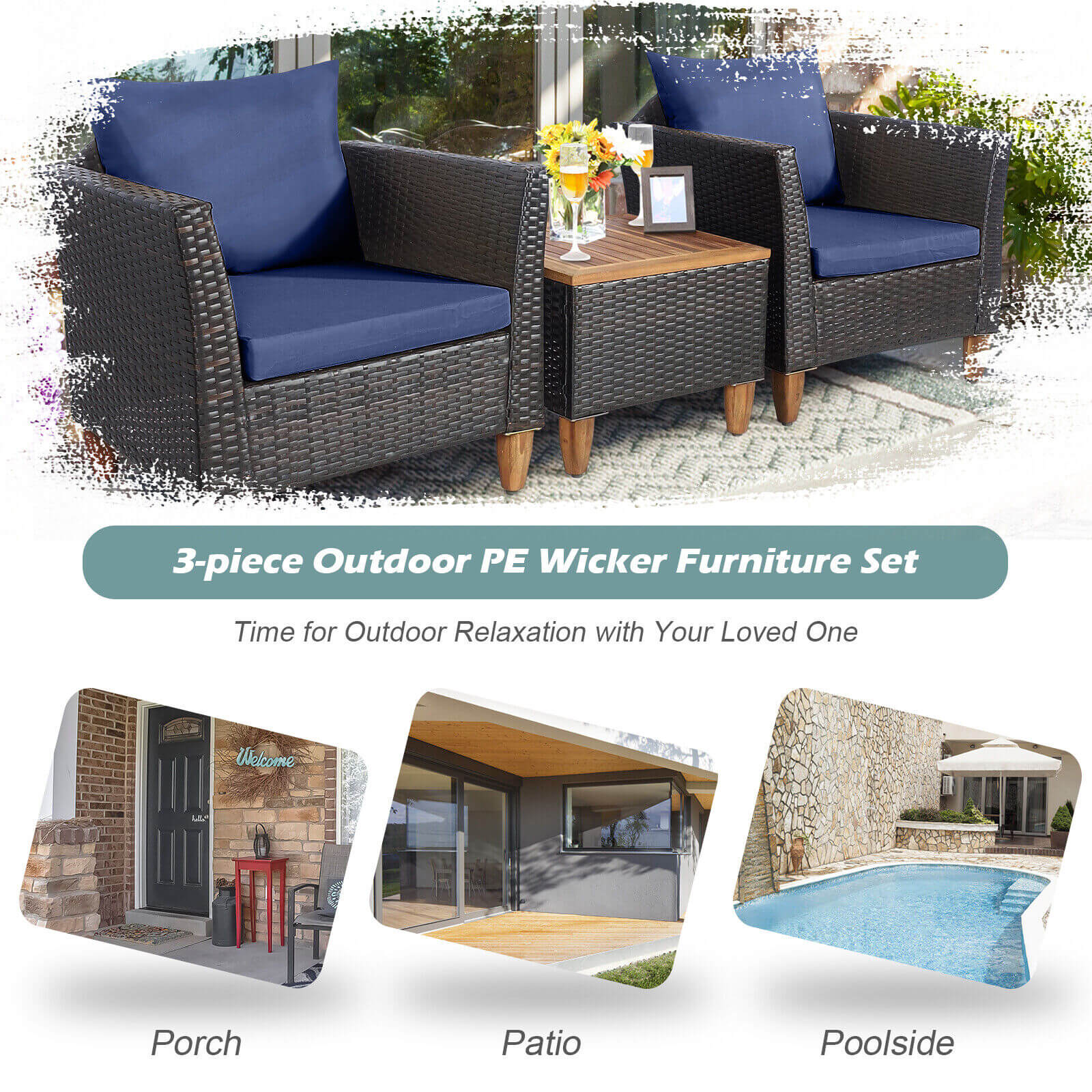 3 Pieces Patio Rattan Bistro Furniture Set, Navy Patio Conversation Sets   at Gallery Canada