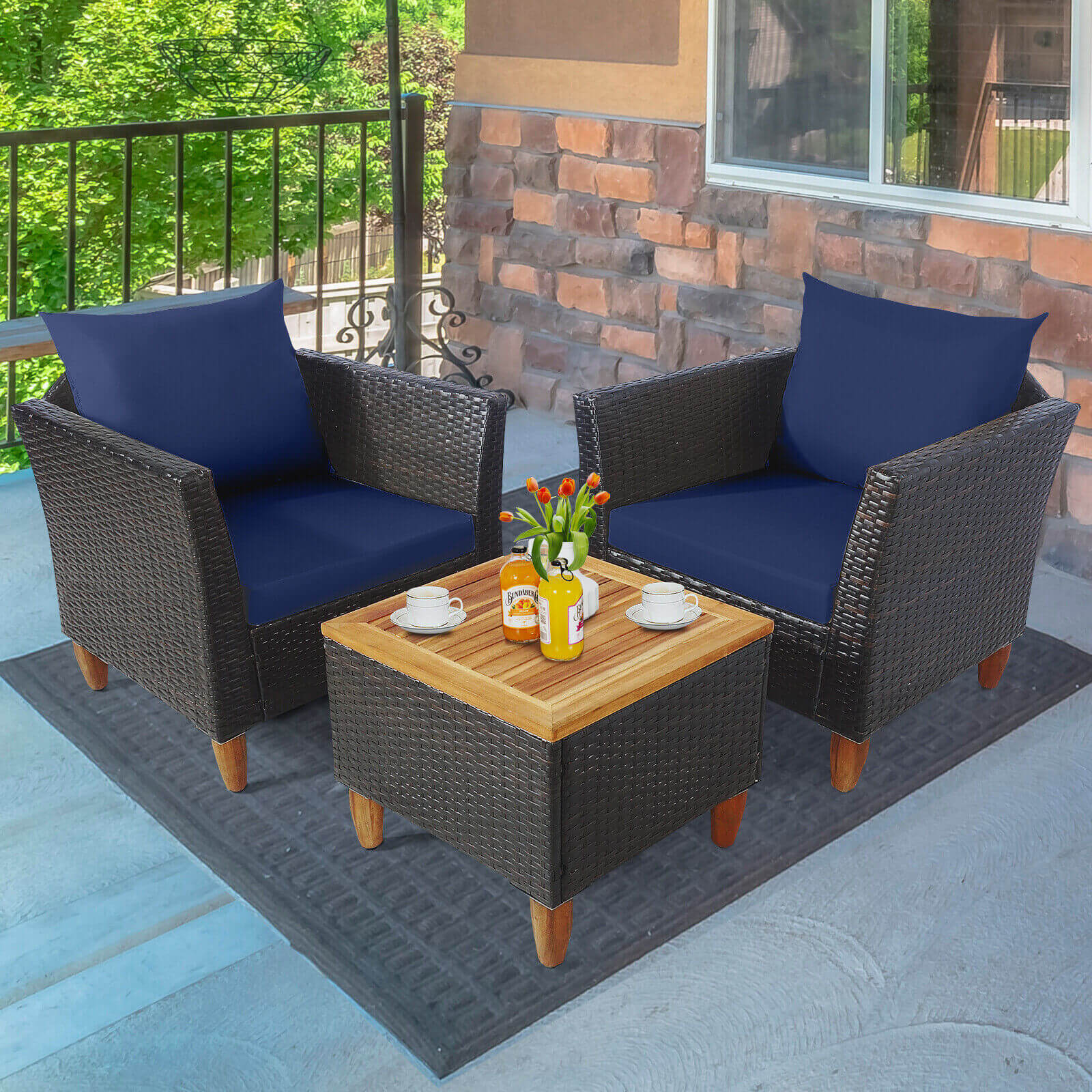 3 Pieces Patio Rattan Bistro Furniture Set, Navy Patio Conversation Sets   at Gallery Canada