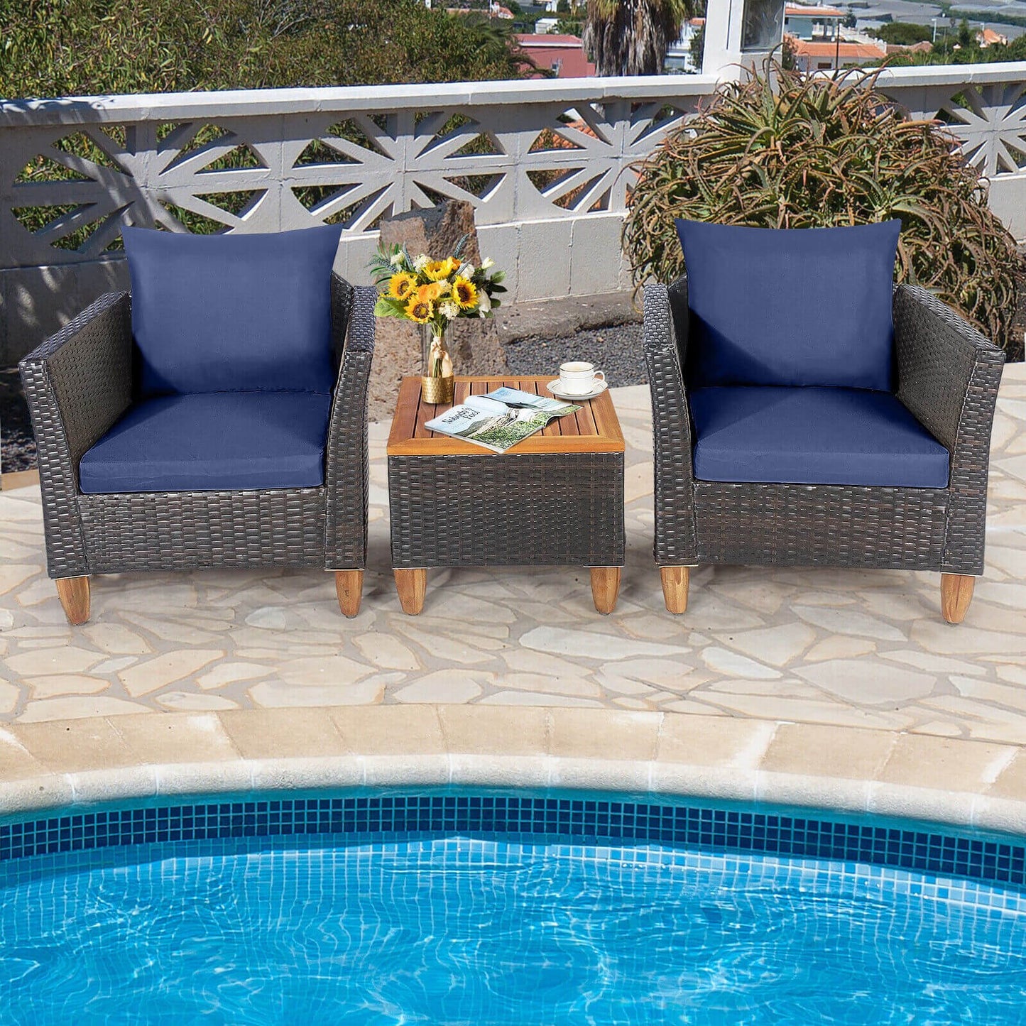 3 Pieces Patio Rattan Bistro Furniture Set, Navy Patio Conversation Sets   at Gallery Canada