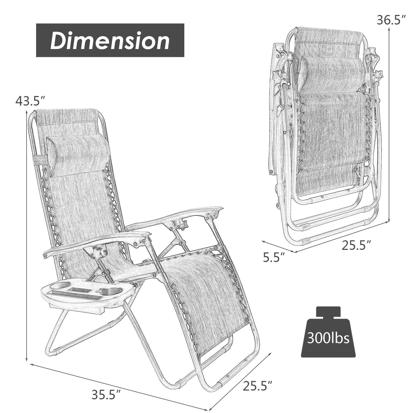 Outdoor Folding Zero Gravity Reclining Lounge Chair with Utility Tray, Black - Gallery Canada