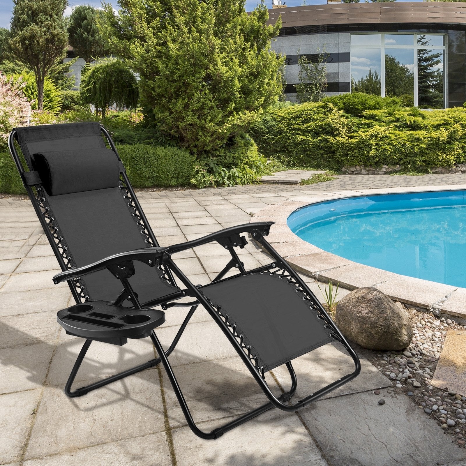 Outdoor Folding Zero Gravity Reclining Lounge Chair with Utility Tray, Black Beach & Lawn Chairs   at Gallery Canada