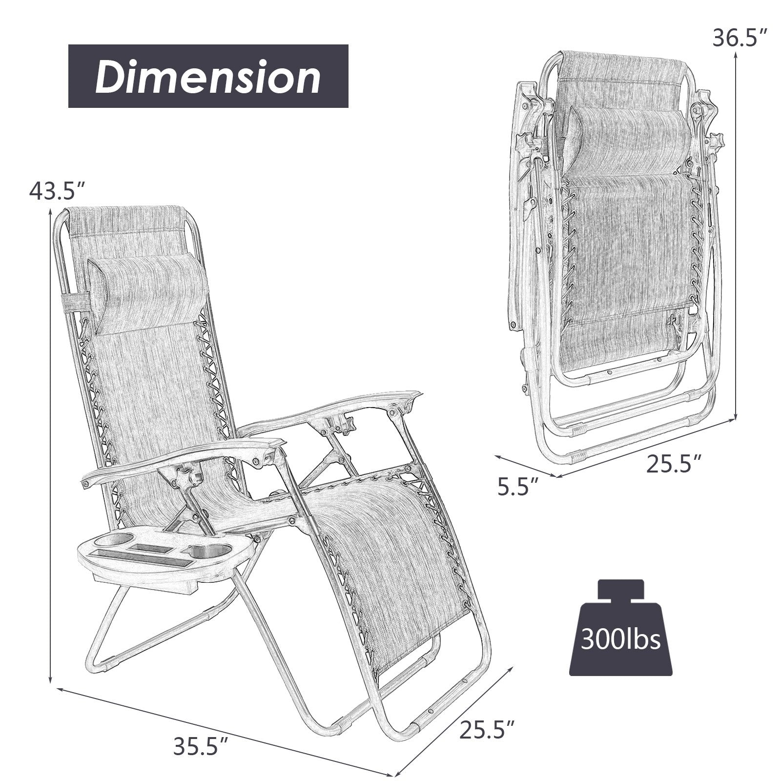 Outdoor Folding Zero Gravity Reclining Lounge Chair with Utility Tray, Gray - Gallery Canada