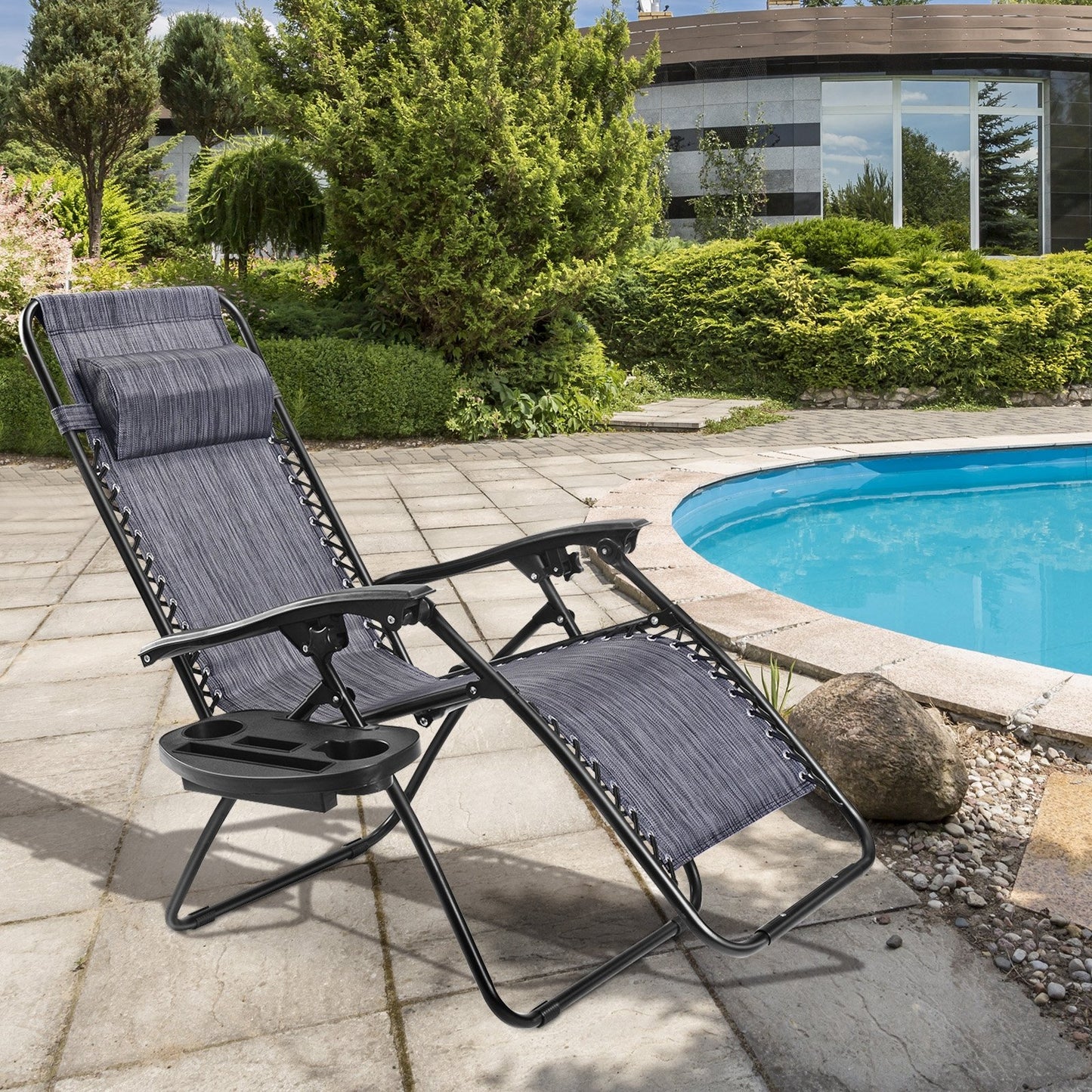 Outdoor Folding Zero Gravity Reclining Lounge Chair with Utility Tray, Gray - Gallery Canada