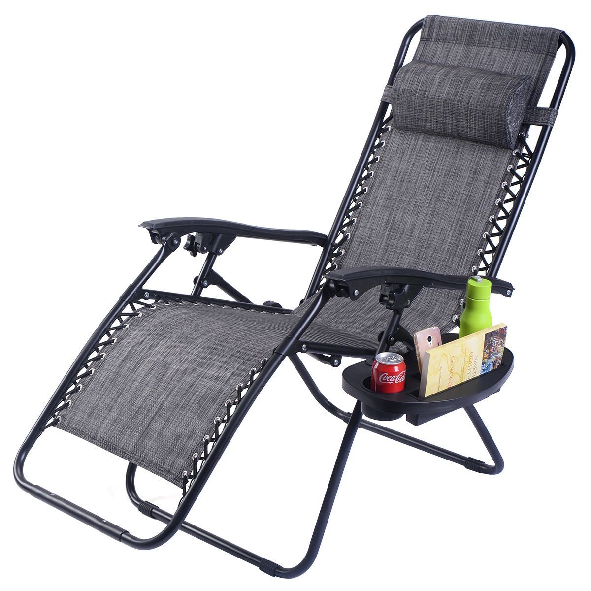 Outdoor Folding Zero Gravity Reclining Lounge Chair with Utility Tray, Gray - Gallery Canada