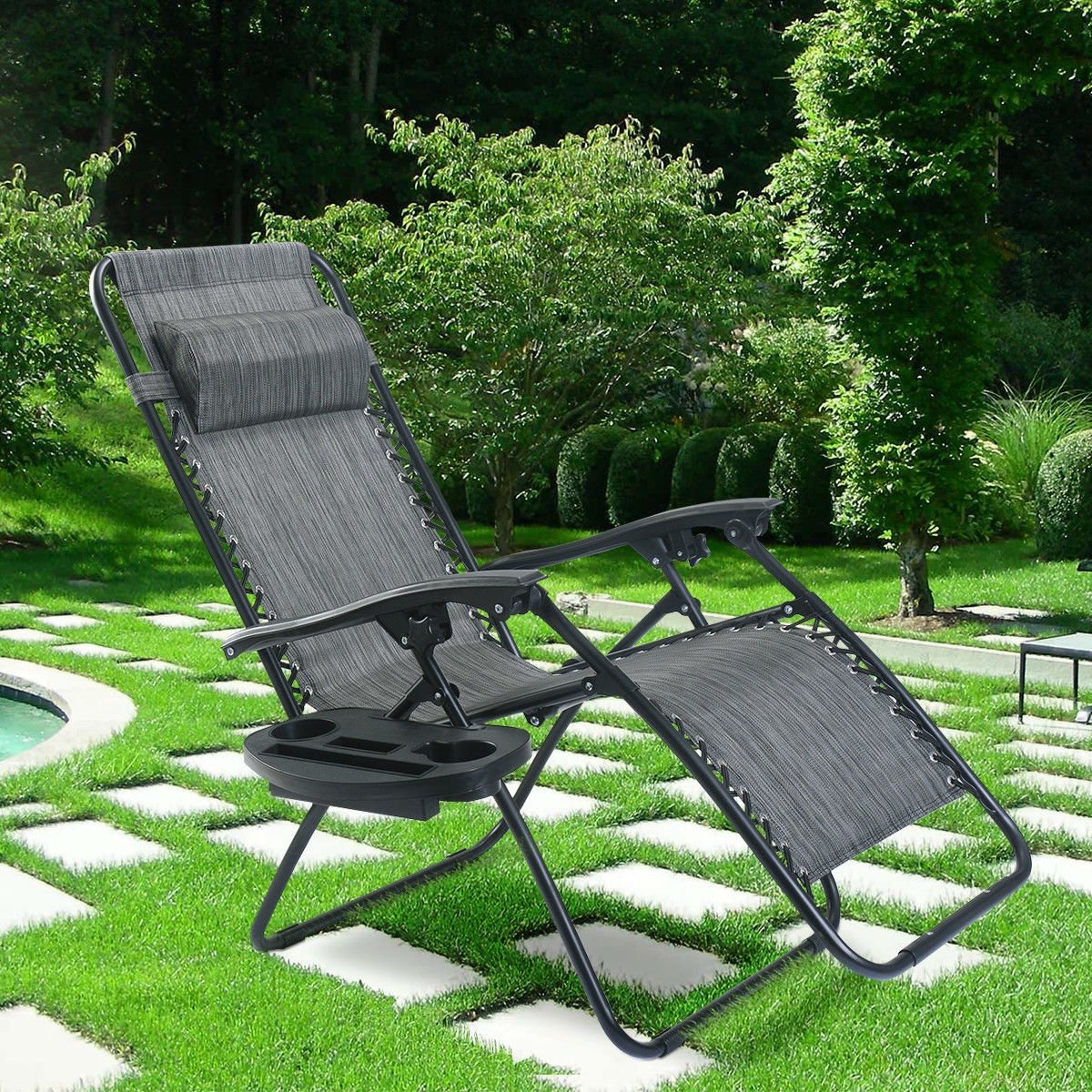 Outdoor Folding Zero Gravity Reclining Lounge Chair with Utility Tray, Gray - Gallery Canada