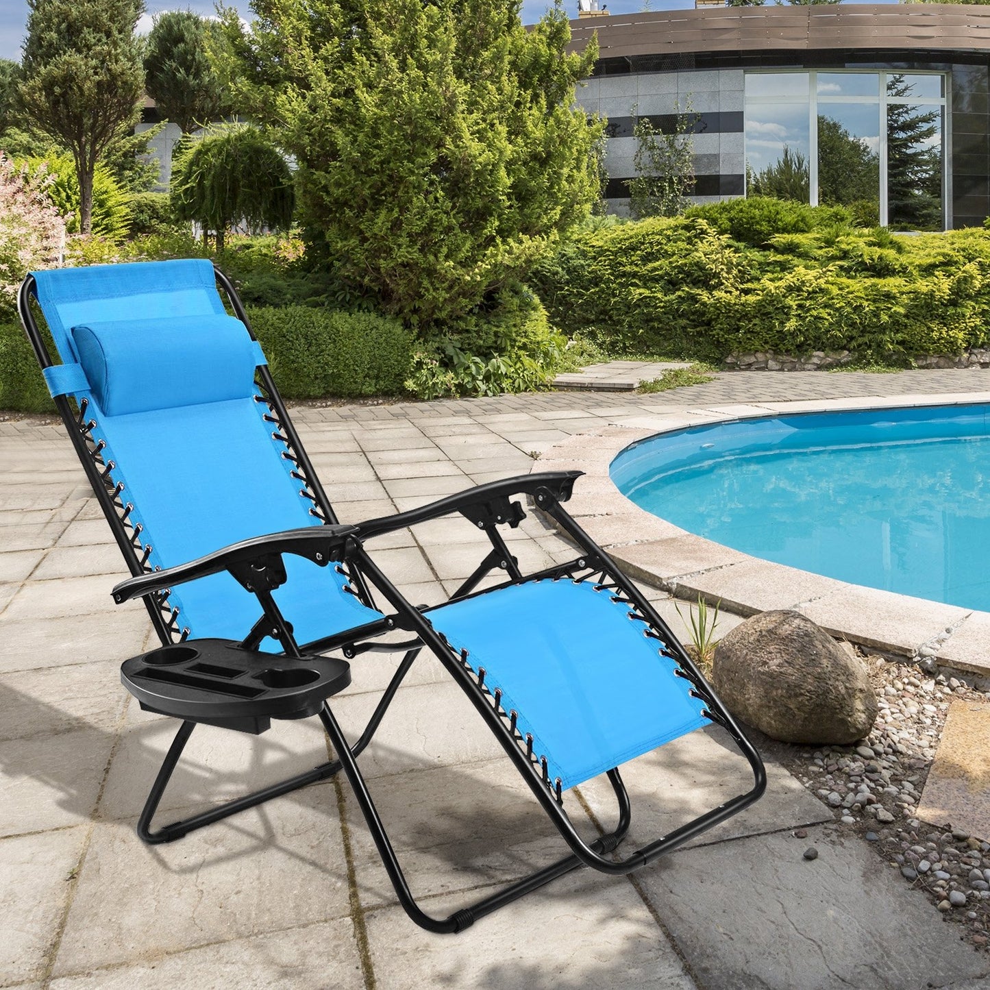 Outdoor Folding Zero Gravity Reclining Lounge Chair with Utility Tray, Light Blue - Gallery Canada