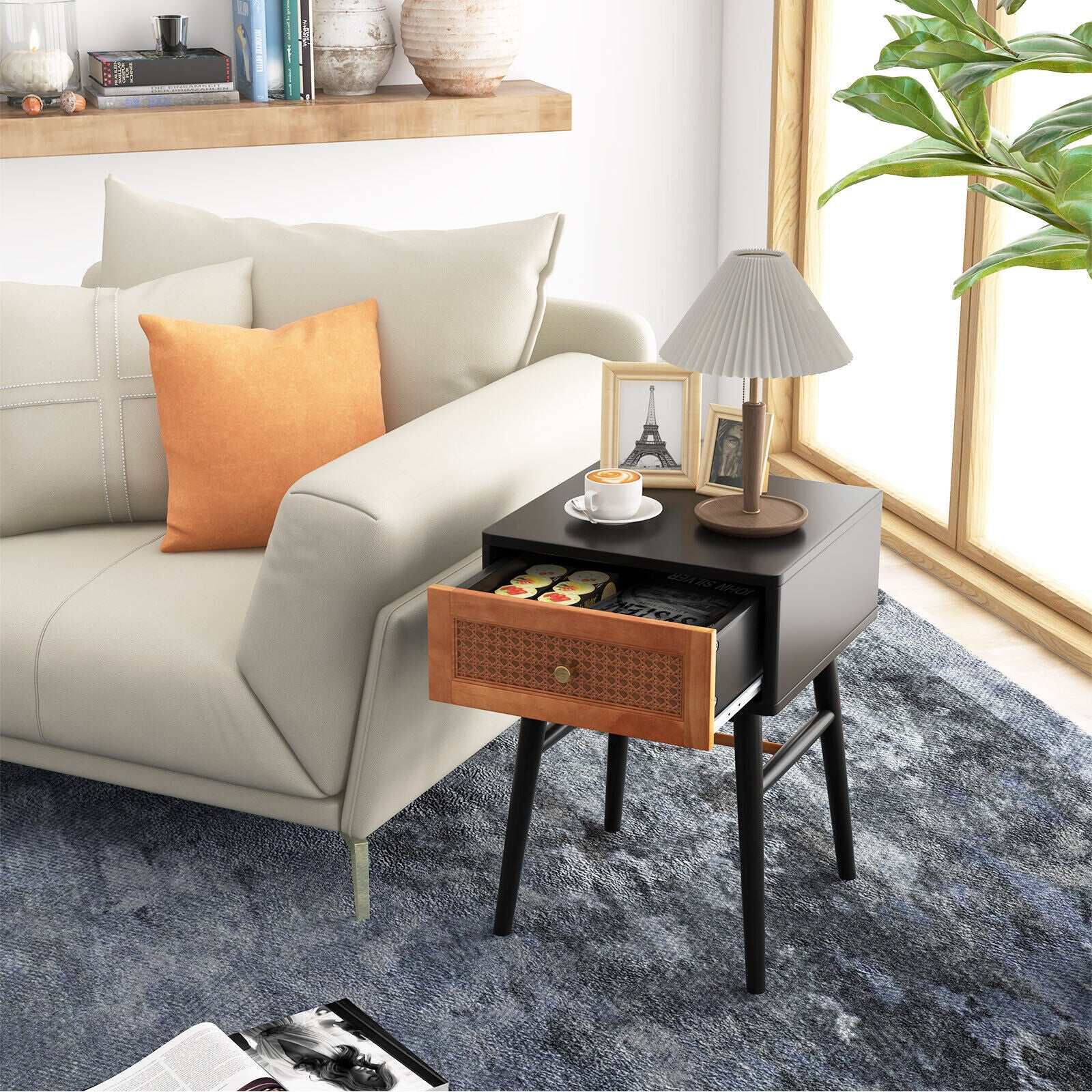 1-Drawer Modern Bedside Table with Solid Wood Legs, Black Nightstands at Gallery Canada
