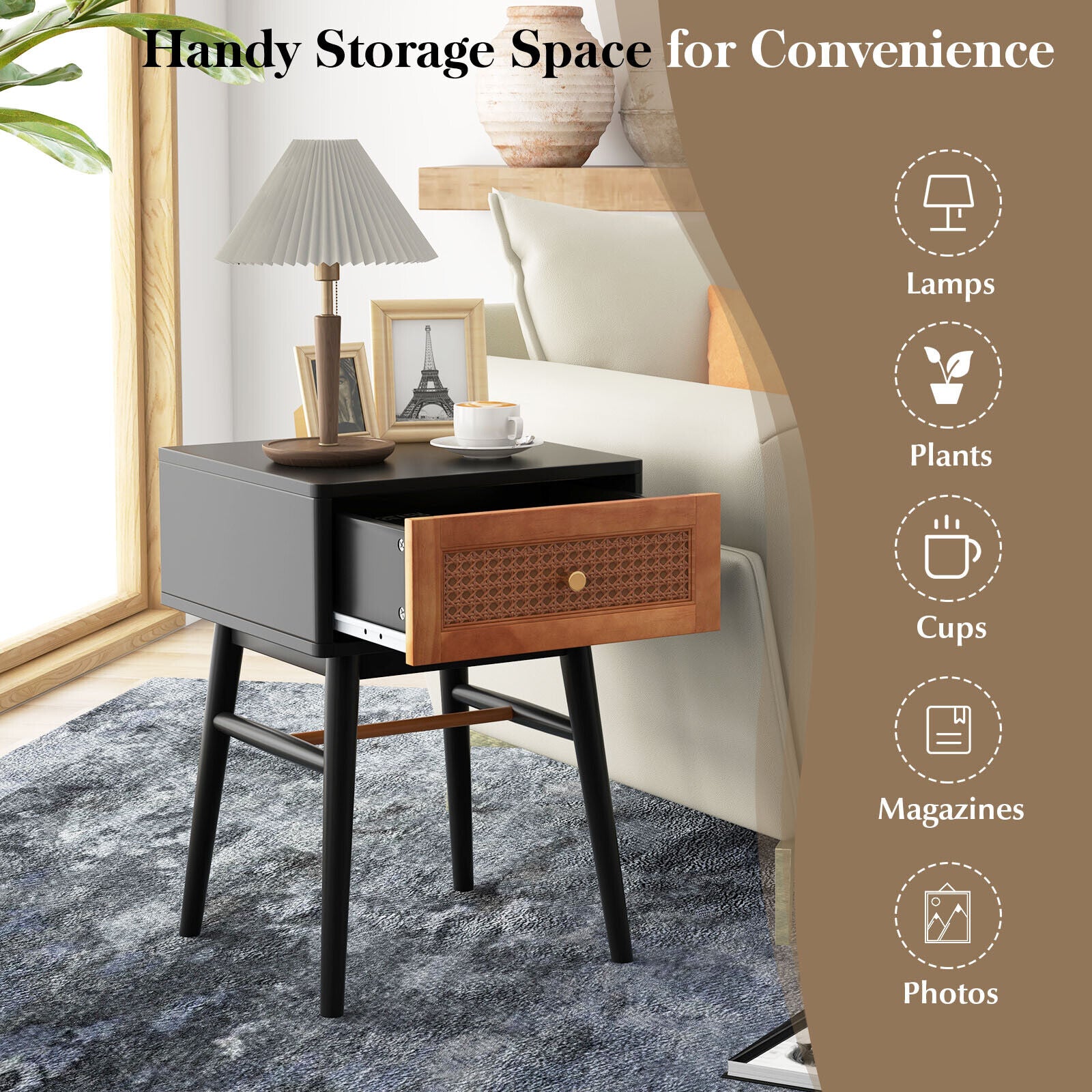 1-Drawer Modern Bedside Table with Solid Wood Legs, Black Nightstands at Gallery Canada