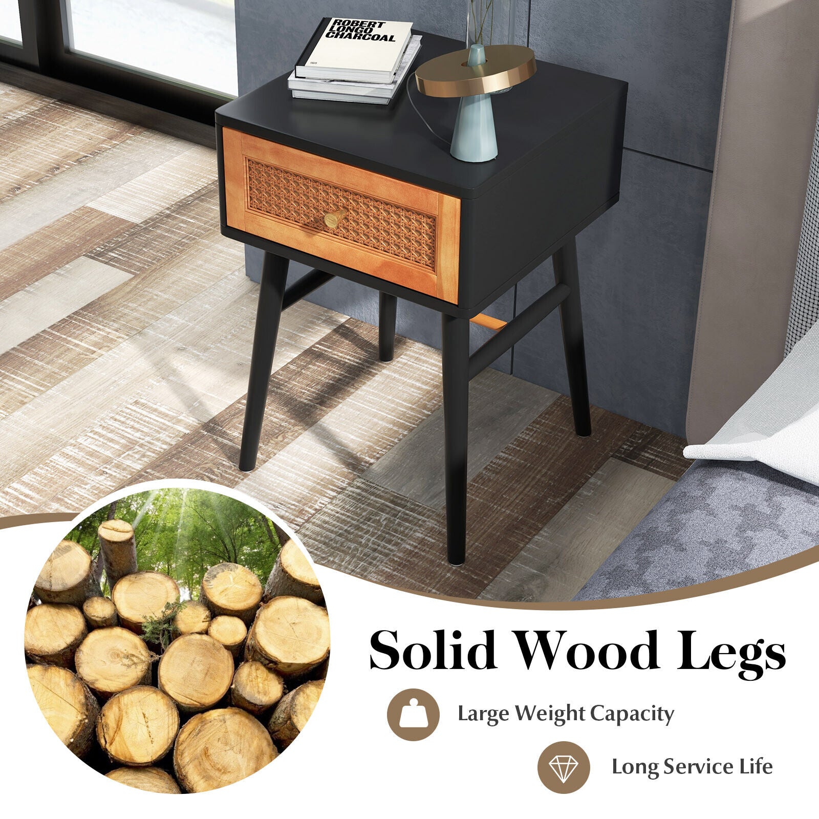 1-Drawer Modern Bedside Table with Solid Wood Legs, Black Nightstands at Gallery Canada
