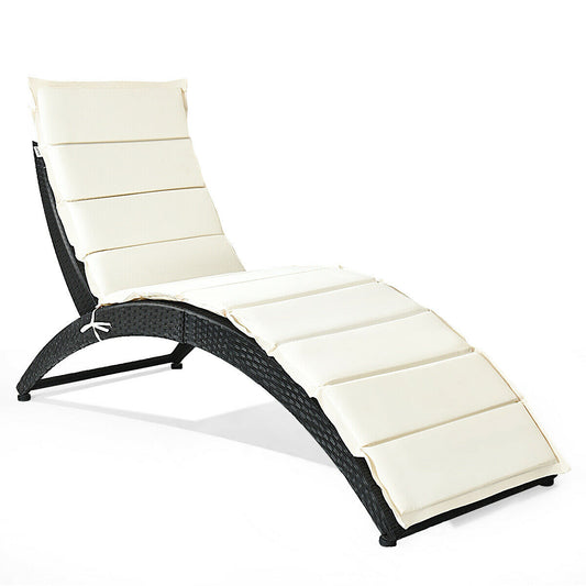 Folding Patio Rattan Portable Lounge Chair Chaise with Cushion, Beige - Gallery Canada