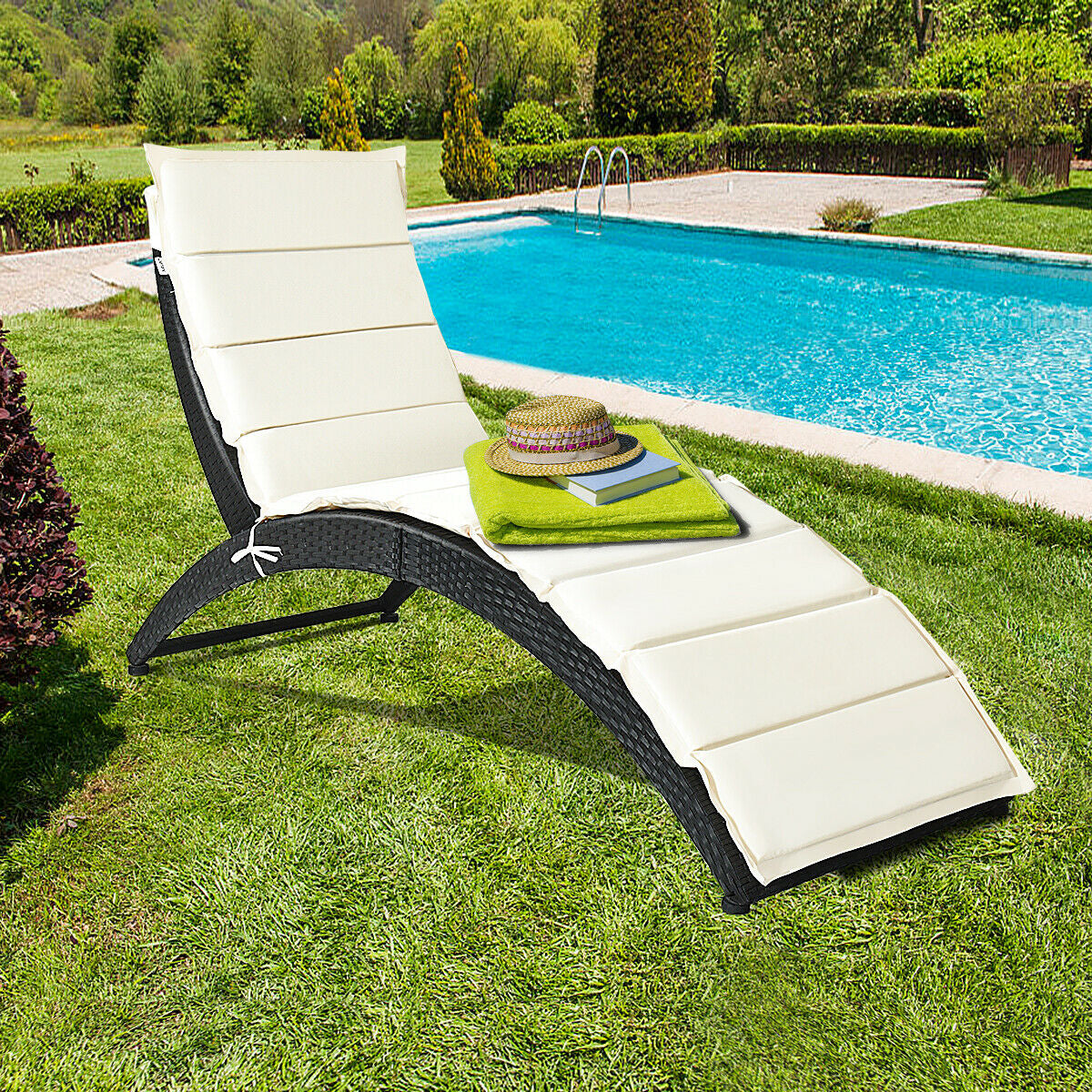 Folding Patio Rattan Portable Lounge Chair Chaise with Cushion, Beige Outdoor Chaise Lounges   at Gallery Canada