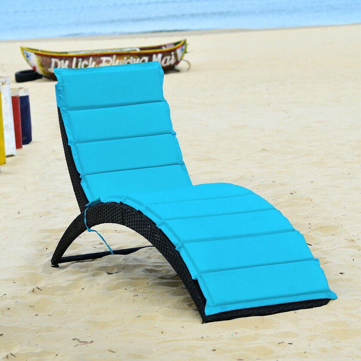 Folding Patio Rattan Portable Lounge Chair Chaise with Cushion, Turquoise Outdoor Chaise Lounges   at Gallery Canada