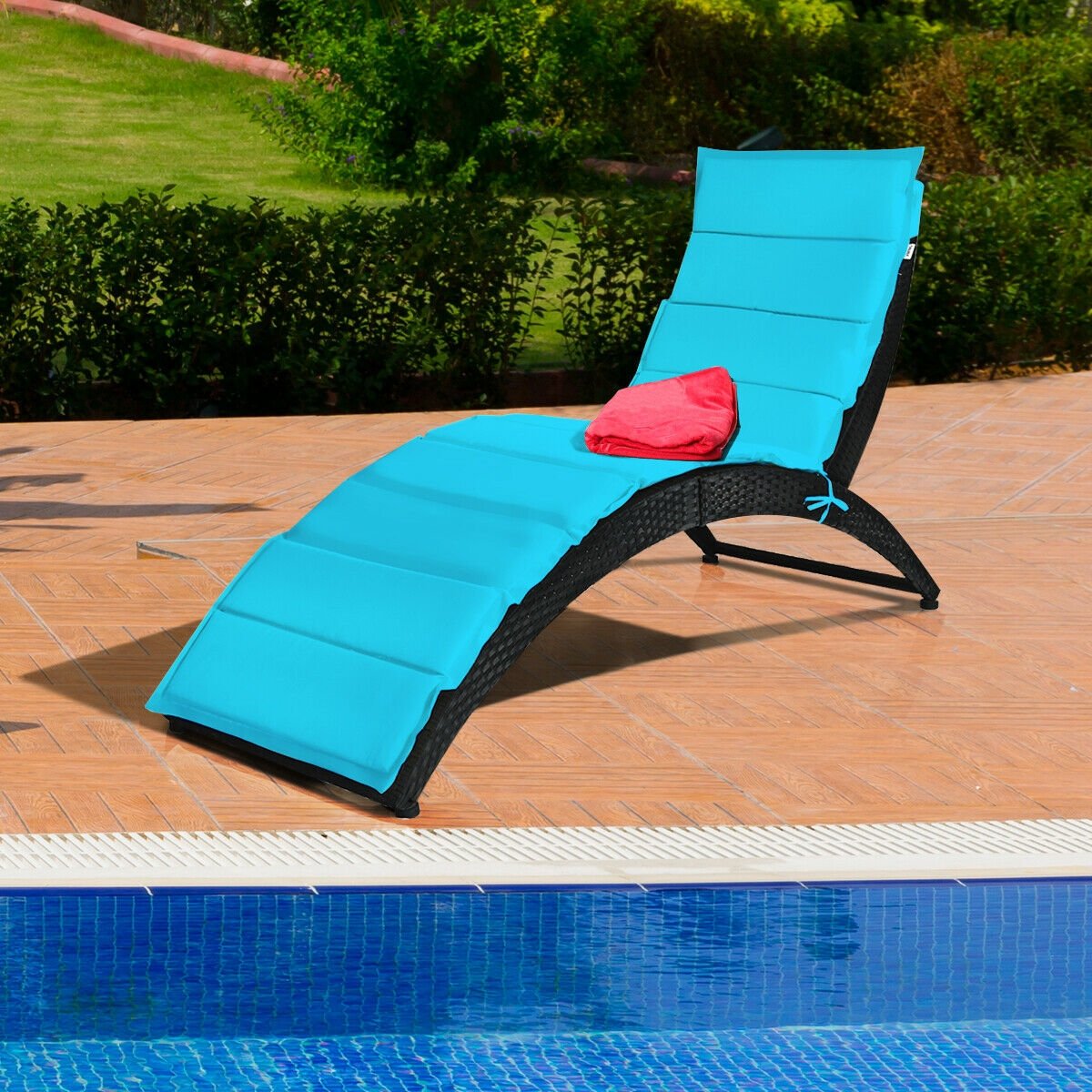 Folding Patio Rattan Portable Lounge Chair Chaise with Cushion, Turquoise Outdoor Chaise Lounges   at Gallery Canada