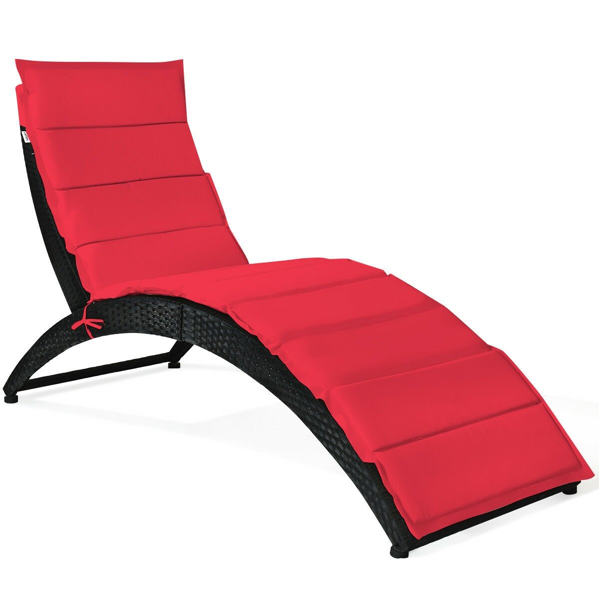 Folding Patio Rattan Portable Lounge Chair Chaise with Cushion, Red Outdoor Chaise Lounges   at Gallery Canada