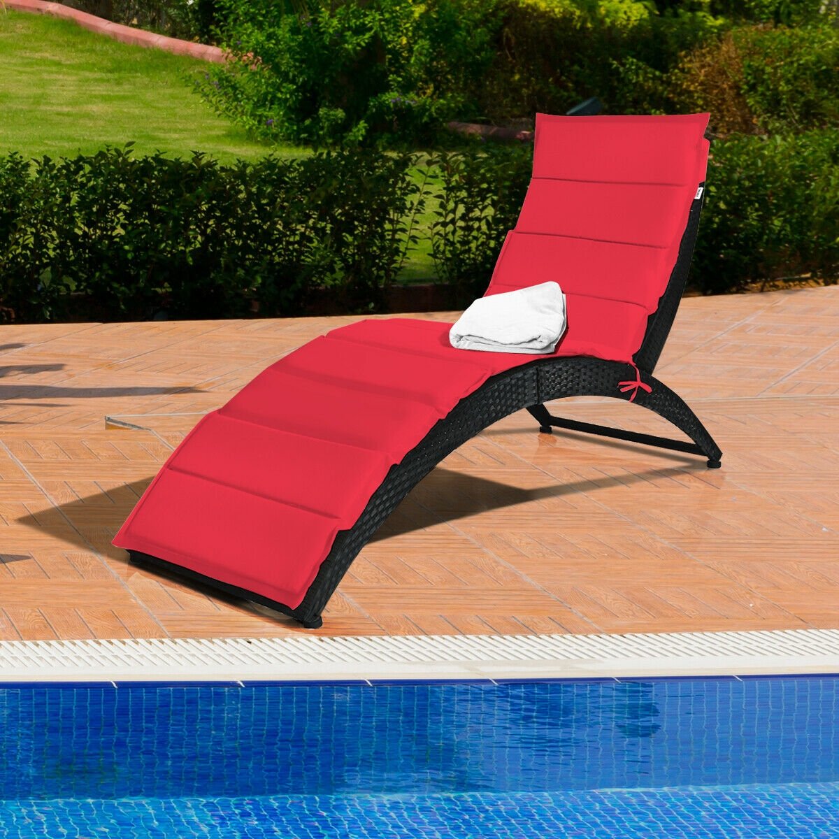 Folding Patio Rattan Portable Lounge Chair Chaise with Cushion, Red Outdoor Chaise Lounges   at Gallery Canada