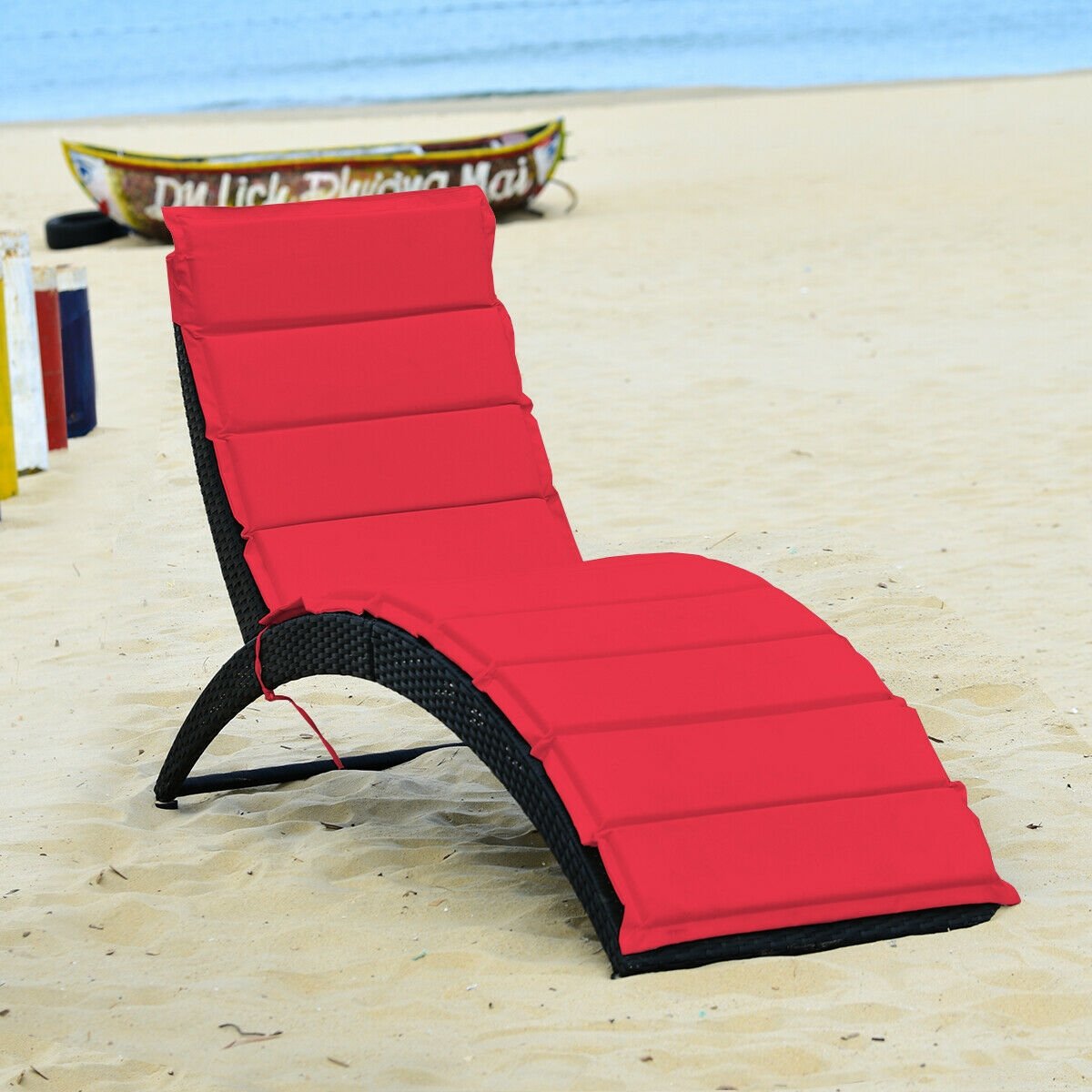 Folding Patio Rattan Portable Lounge Chair Chaise with Cushion, Red Outdoor Chaise Lounges   at Gallery Canada