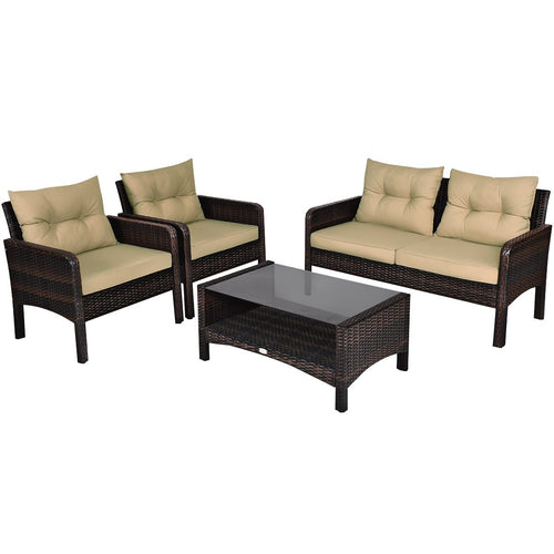 4 Pieces Patio Rattan Free Combination Sofa Set with Cushion and Coffee Table, Beige