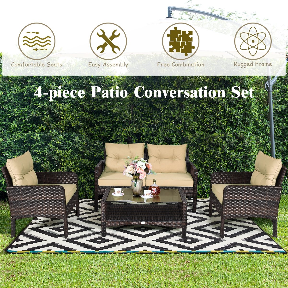 4 Pieces Patio Rattan Free Combination Sofa Set with Cushion and Coffee Table, Beige Patio Furniture Sets   at Gallery Canada