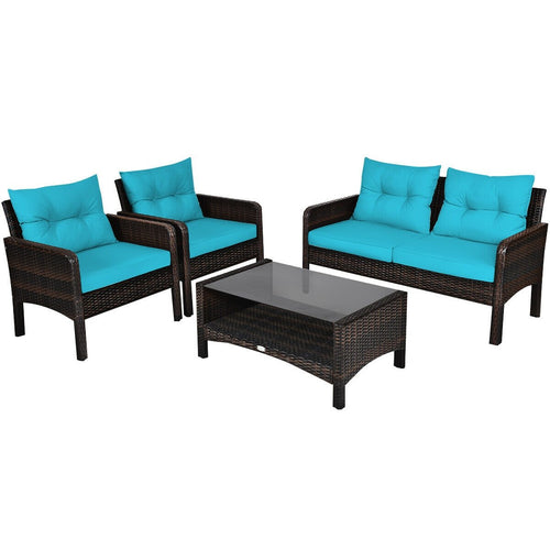 4 Pcs Outdoor Rattan Wicker Loveseat Furniture Set with Cushions, Turquoise