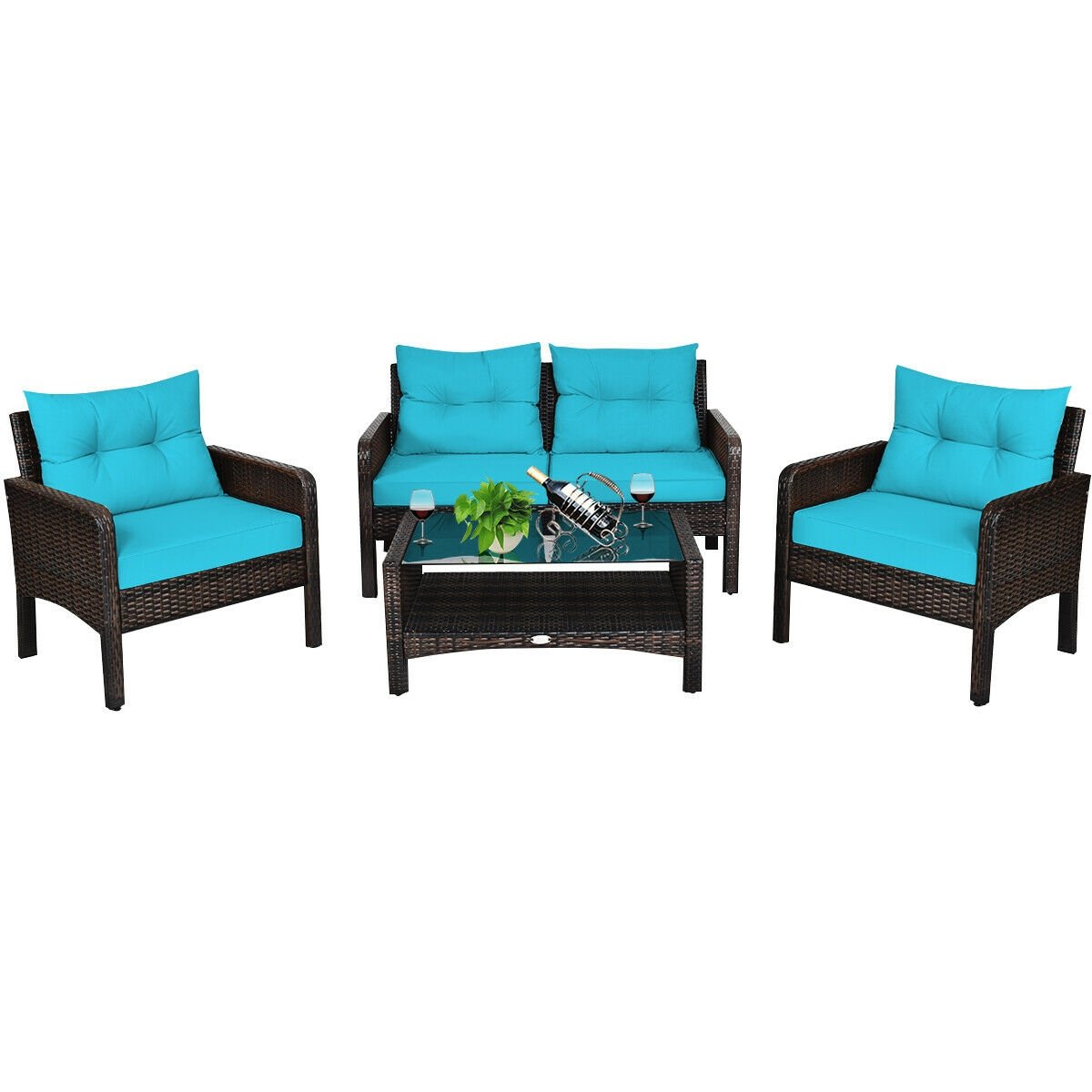 4 Pcs Outdoor Rattan Wicker Loveseat Furniture Set with Cushions, Turquoise Patio Furniture Sets   at Gallery Canada