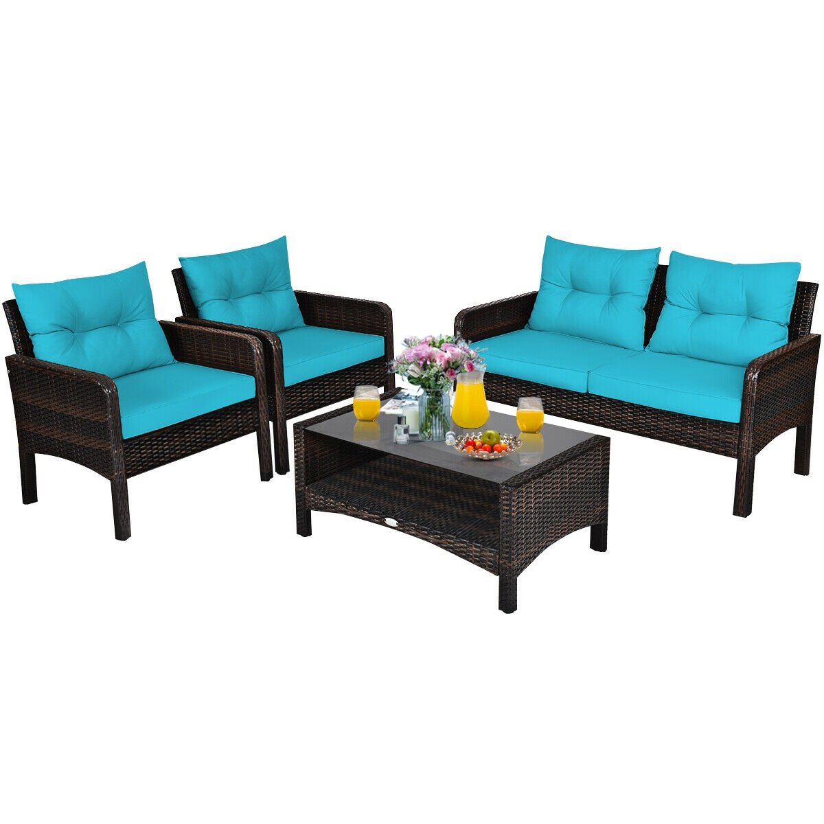 4 Pcs Outdoor Rattan Wicker Loveseat Furniture Set with Cushions, Turquoise Patio Furniture Sets   at Gallery Canada