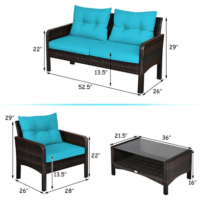 4 Pcs Outdoor Rattan Wicker Loveseat Furniture Set with Cushions, Turquoise Patio Furniture Sets   at Gallery Canada