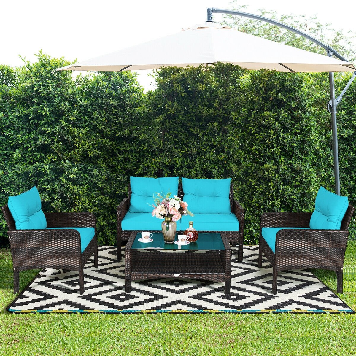 4 Pcs Outdoor Rattan Wicker Loveseat Furniture Set with Cushions, Turquoise Patio Furniture Sets   at Gallery Canada