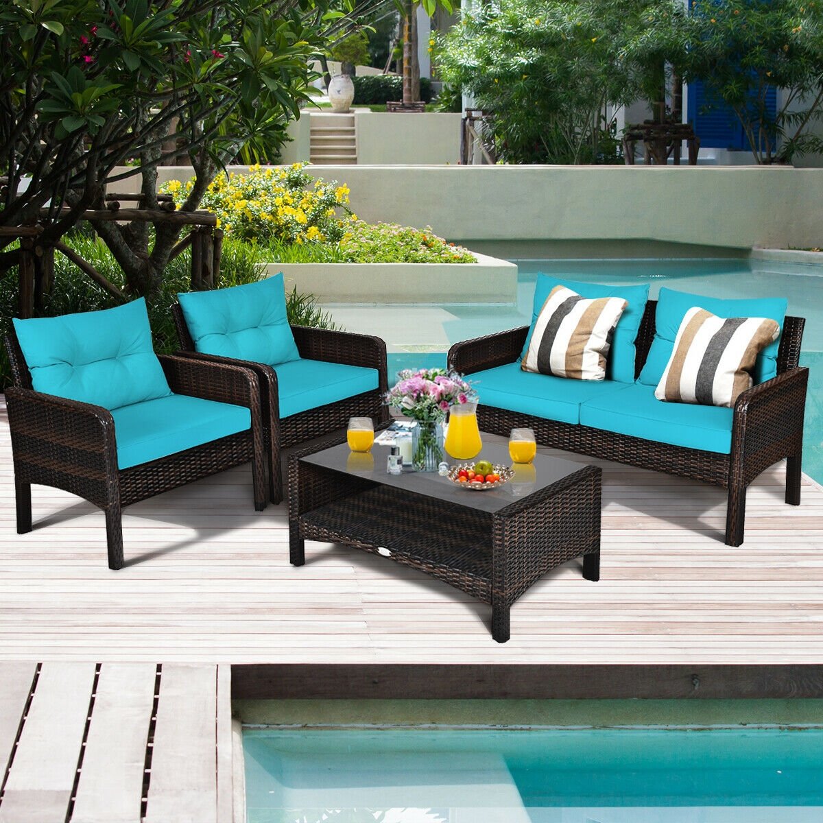 4 Pcs Outdoor Rattan Wicker Loveseat Furniture Set with Cushions, Turquoise Patio Furniture Sets   at Gallery Canada