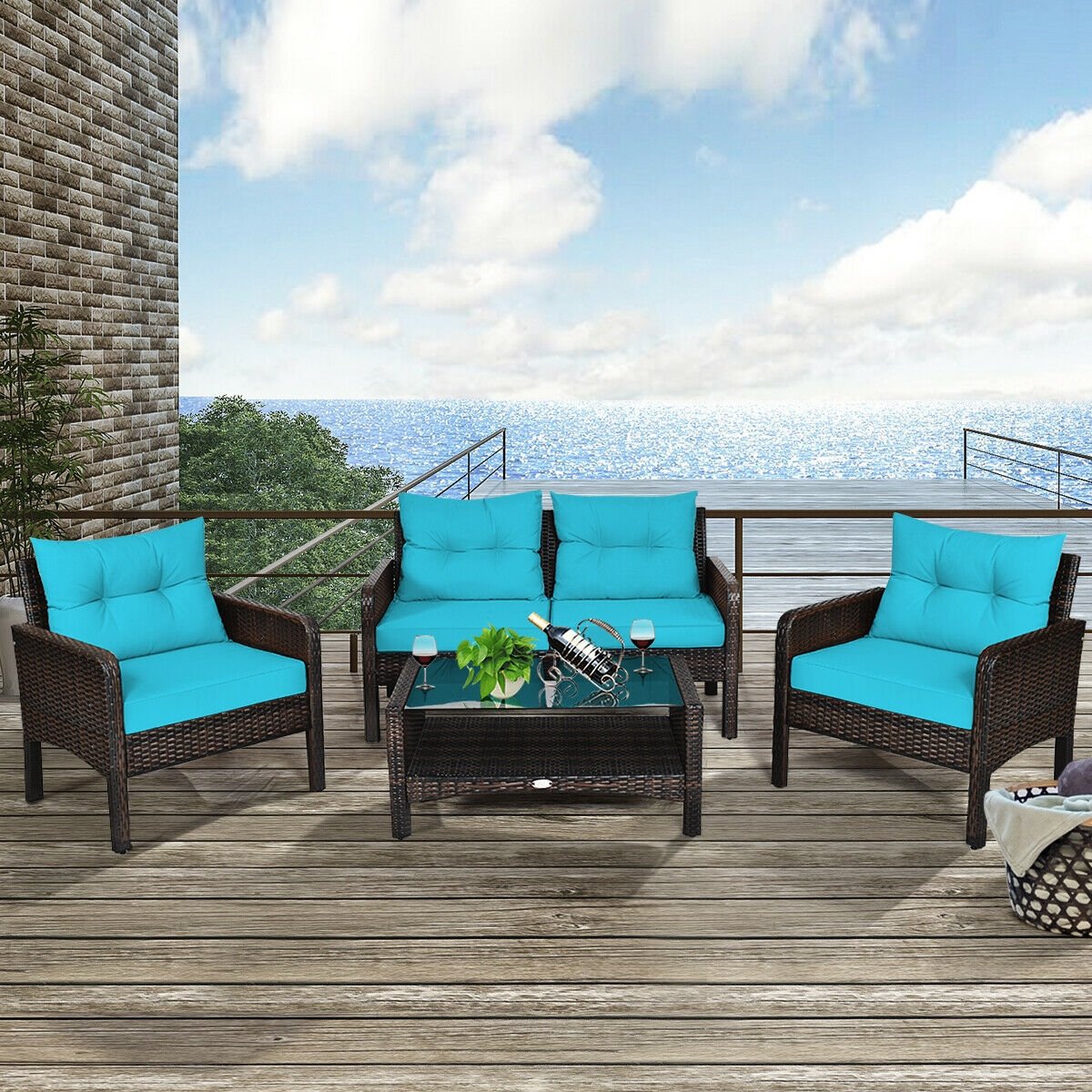 4 Pcs Outdoor Rattan Wicker Loveseat Furniture Set with Cushions, Turquoise Patio Furniture Sets   at Gallery Canada