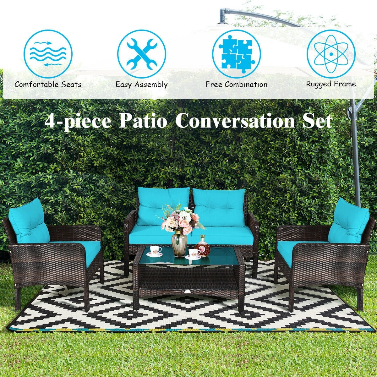 4 Pcs Outdoor Rattan Wicker Loveseat Furniture Set with Cushions, Turquoise Patio Furniture Sets   at Gallery Canada