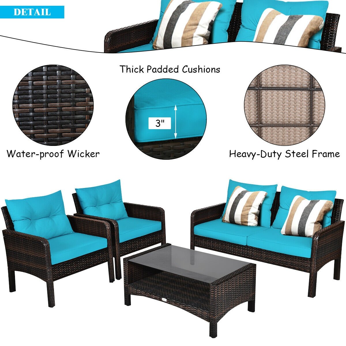 4 Pcs Outdoor Rattan Wicker Loveseat Furniture Set with Cushions, Turquoise Patio Furniture Sets   at Gallery Canada