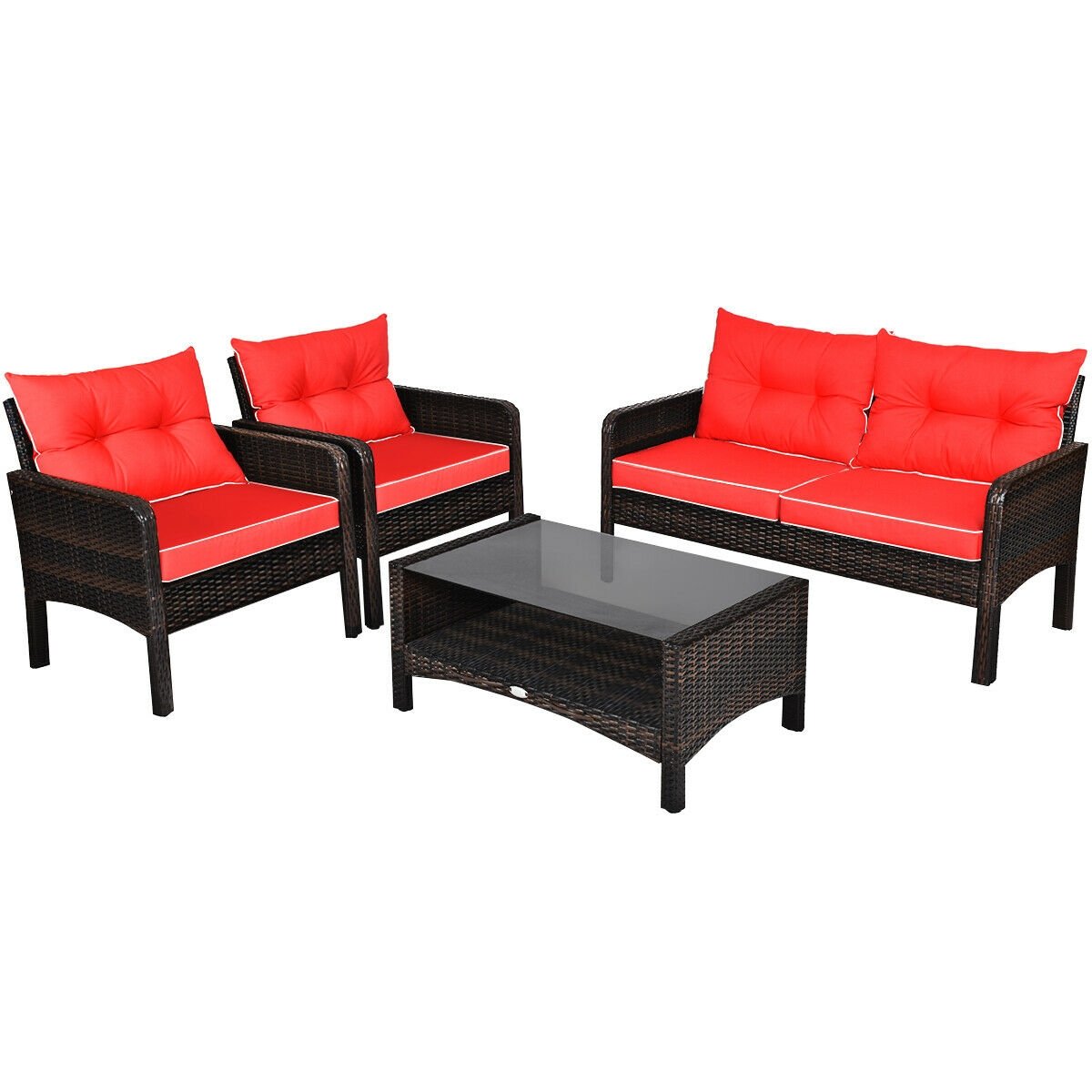 4 Pcs Outdoor Rattan Wicker Loveseat Furniture Set with Cushions, Red Patio Furniture Sets   at Gallery Canada