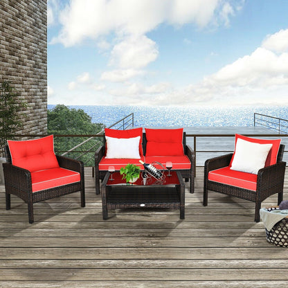 4 Pcs Outdoor Rattan Wicker Loveseat Furniture Set with Cushions, Red Patio Furniture Sets   at Gallery Canada