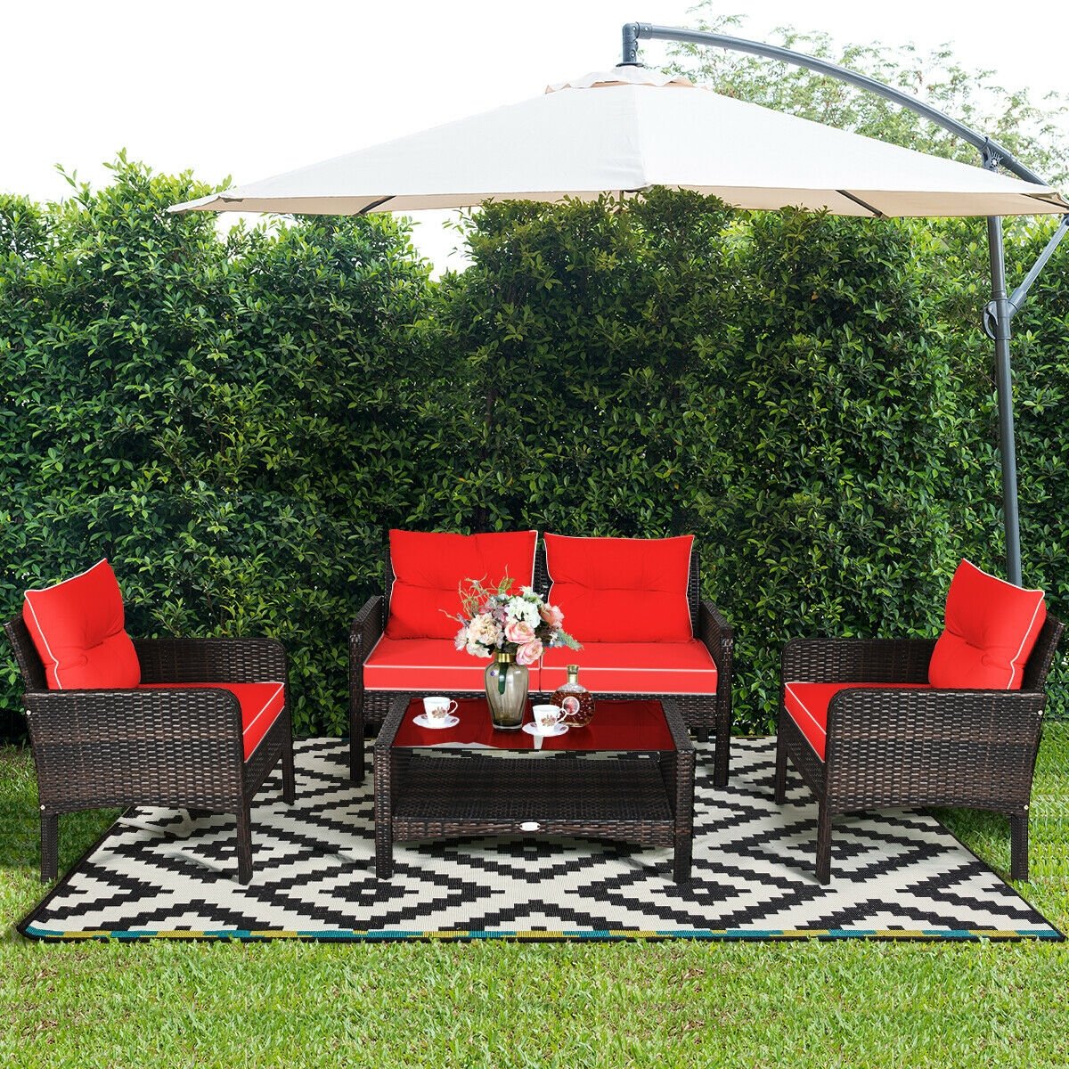 4 Pcs Outdoor Rattan Wicker Loveseat Furniture Set with Cushions, Red Patio Furniture Sets   at Gallery Canada