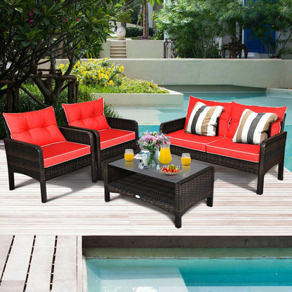 4 Pcs Outdoor Rattan Wicker Loveseat Furniture Set with Cushions, Red Patio Furniture Sets   at Gallery Canada