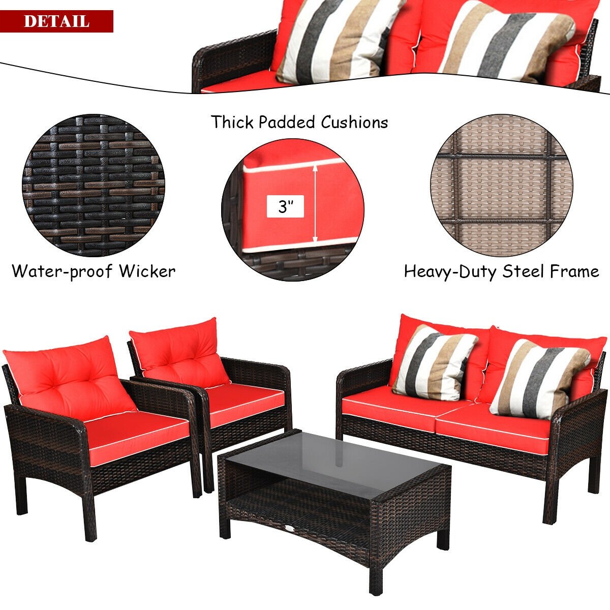 4 Pcs Outdoor Rattan Wicker Loveseat Furniture Set with Cushions, Red Patio Furniture Sets   at Gallery Canada