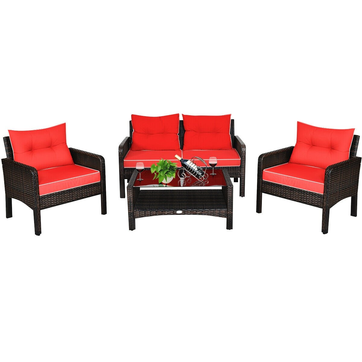 4 Pcs Outdoor Rattan Wicker Loveseat Furniture Set with Cushions, Red Patio Furniture Sets   at Gallery Canada