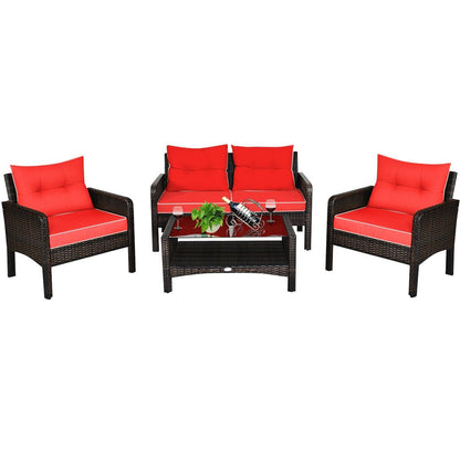 4 Pcs Outdoor Rattan Wicker Loveseat Furniture Set with Cushions, Red Patio Furniture Sets   at Gallery Canada