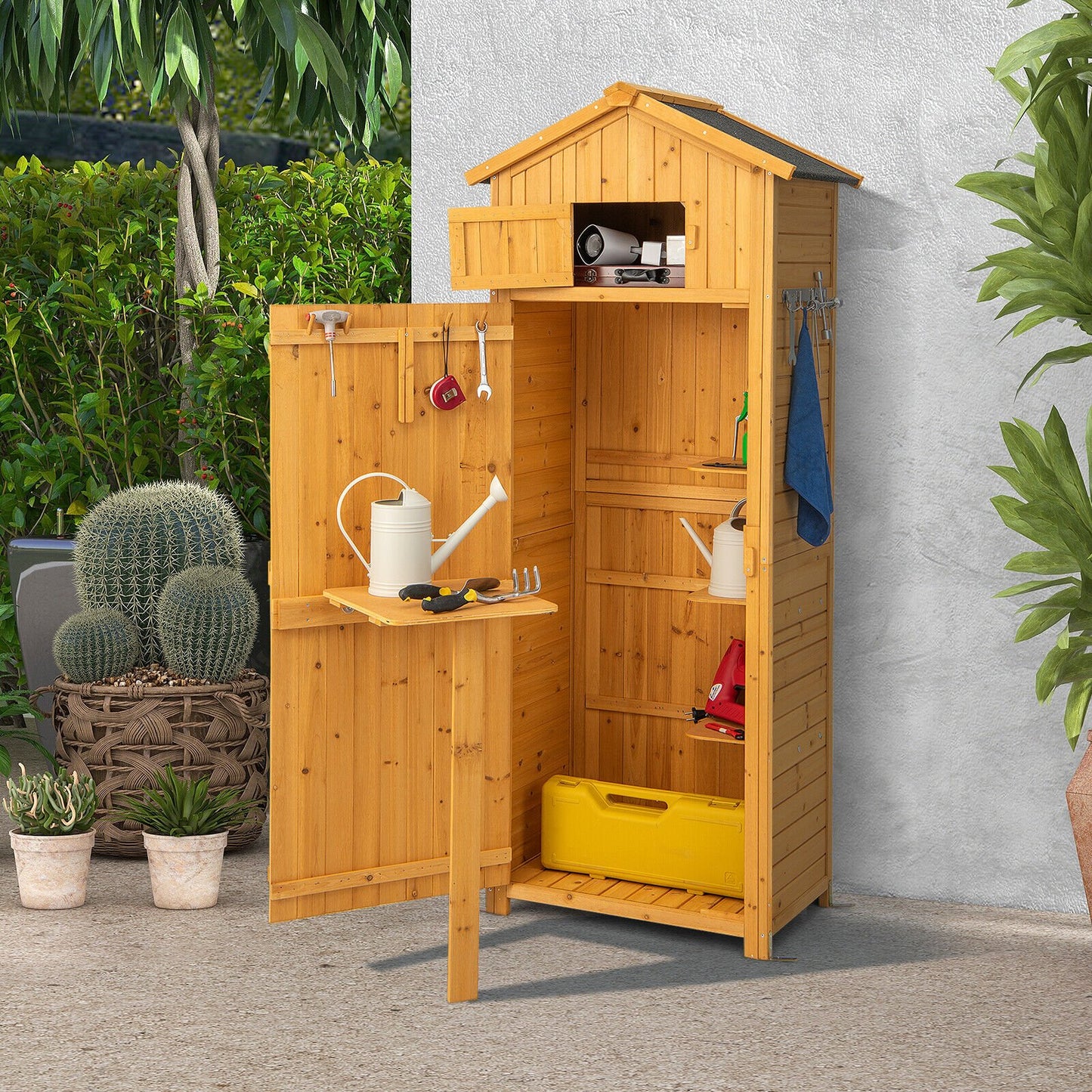 71 Inch Tall Garden Tool Storage Cabinet with Lockable Doors and Foldable Table, Natural - Gallery Canada
