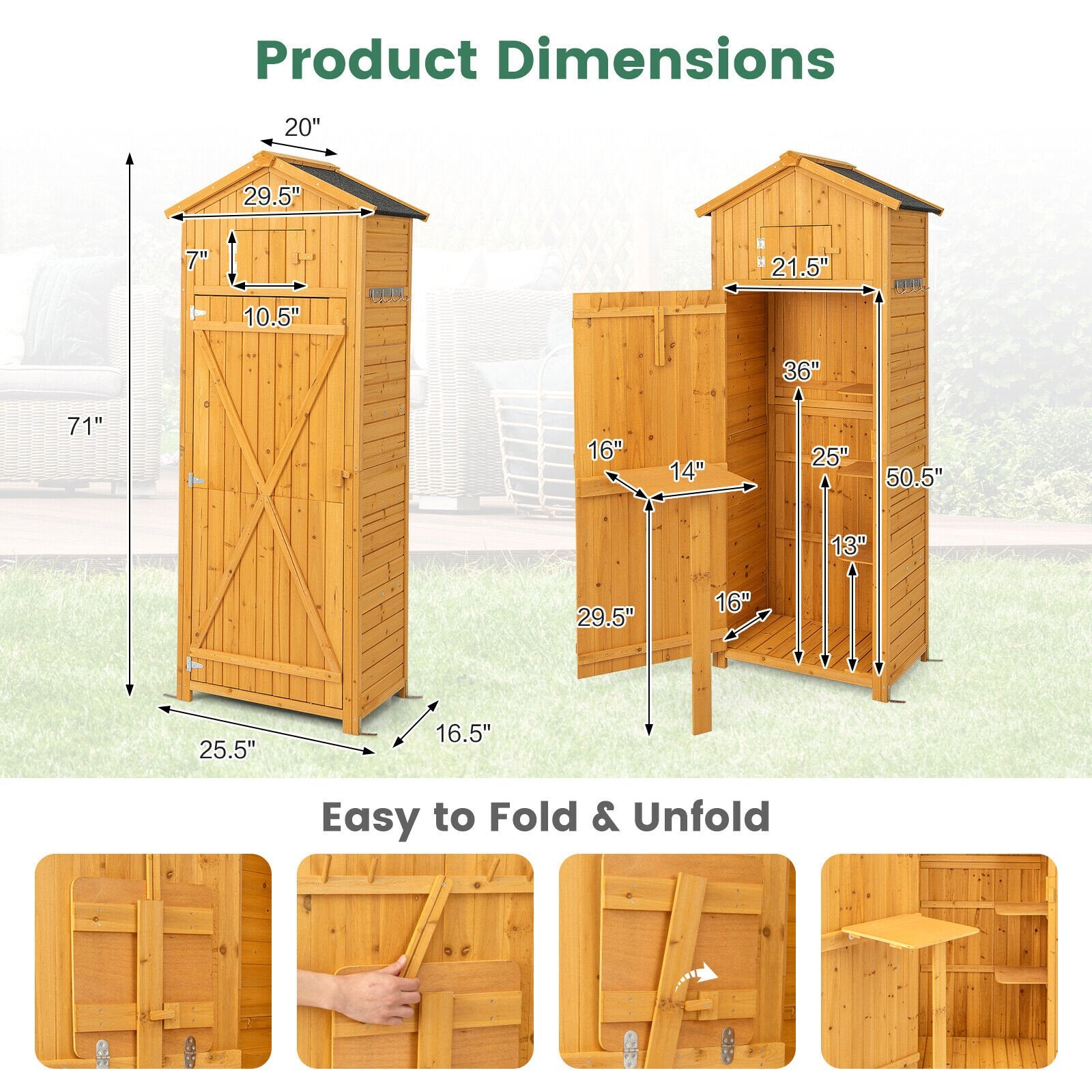 71 Inch Tall Garden Tool Storage Cabinet with Lockable Doors and Foldable Table, Natural - Gallery Canada