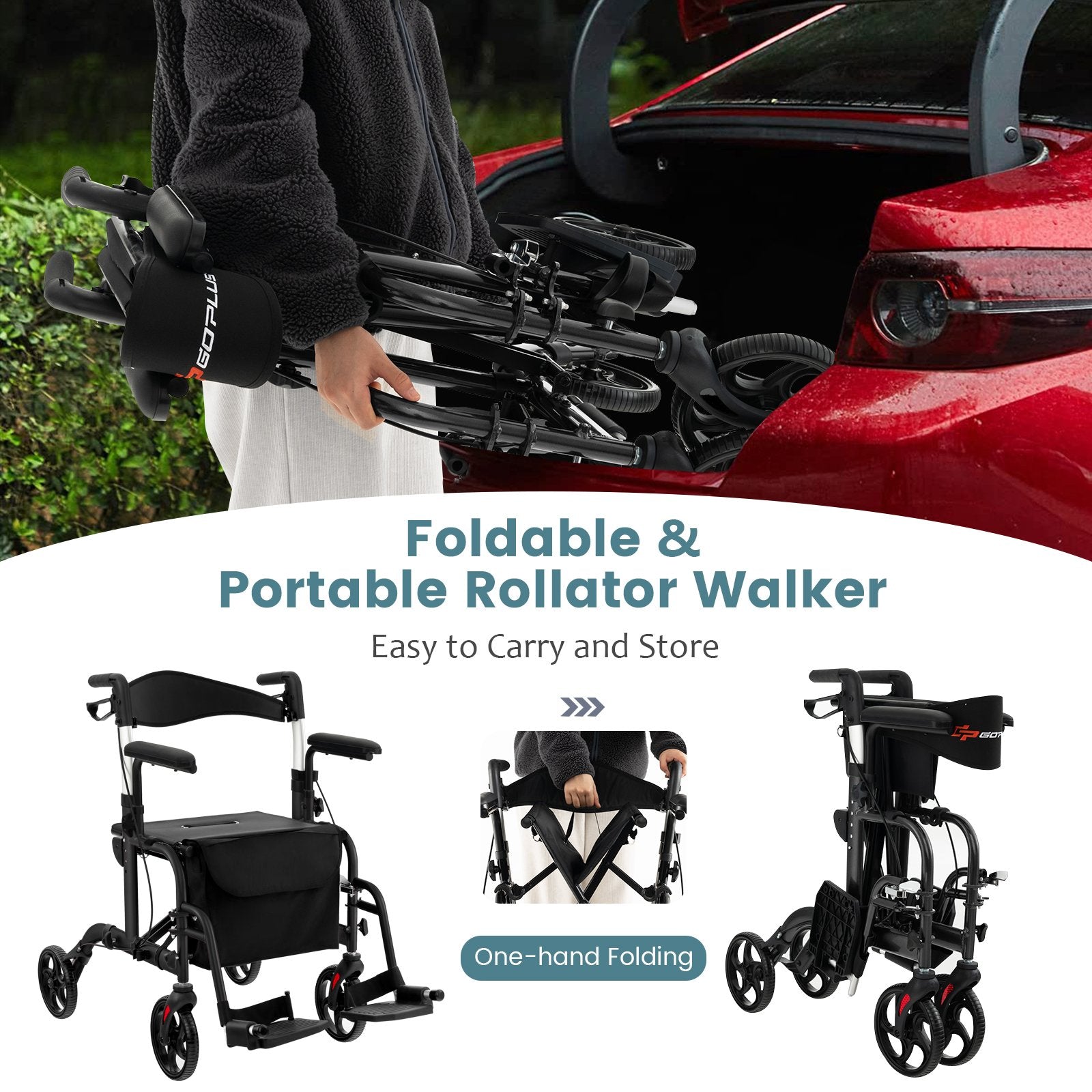 Folding Rollator Walker with Seat and Wheels Supports up to 300 lbs, Black Walkers & Rollators   at Gallery Canada