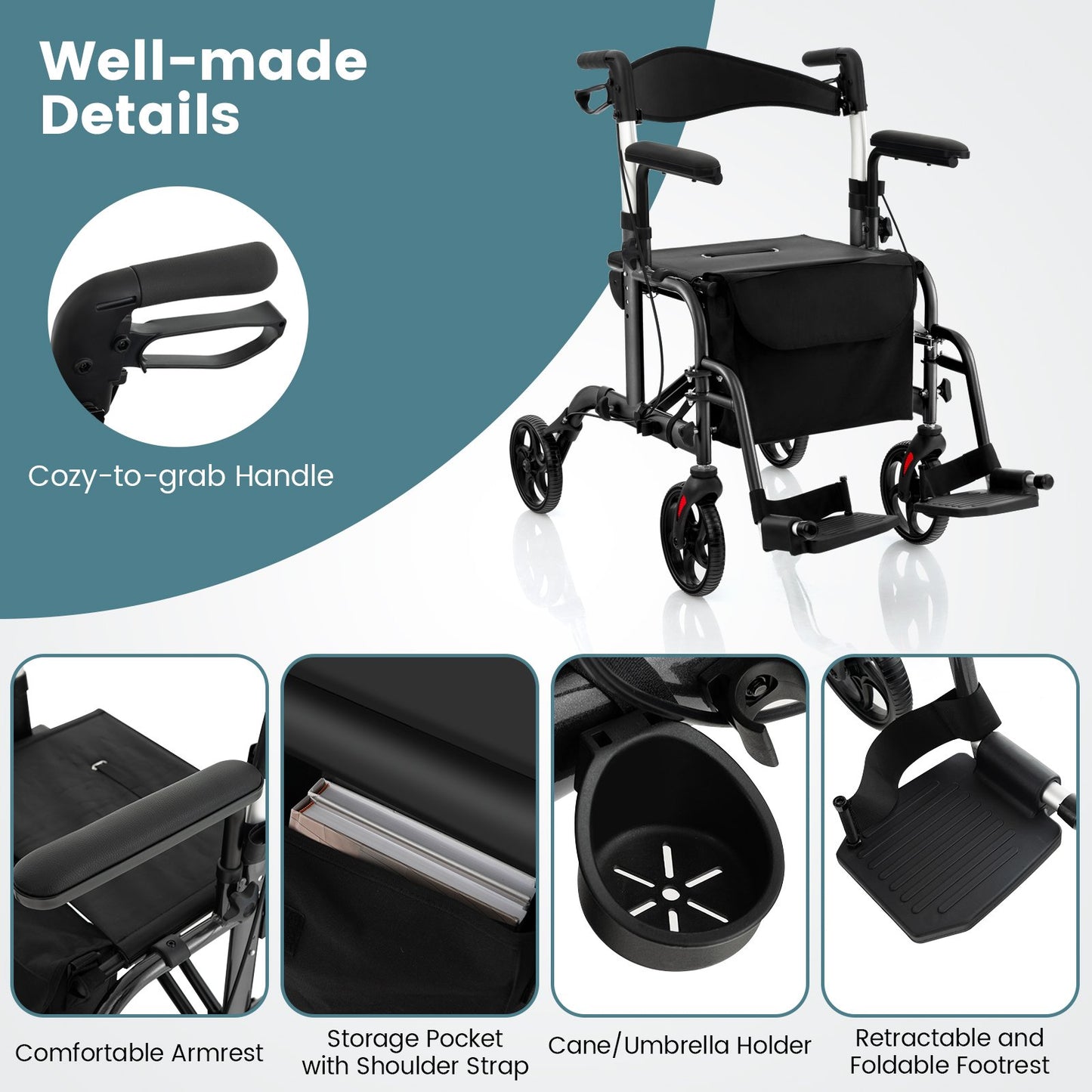 Folding Rollator Walker with Seat and Wheels Supports up to 300 lbs, Black Walkers & Rollators   at Gallery Canada