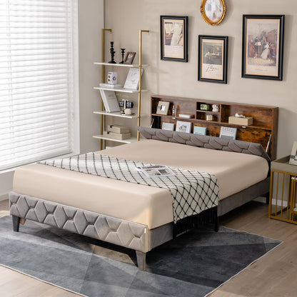 Full/Queen Size Upholstered Bed Frame with Storage Headboard-Full Size, Gray - Gallery Canada