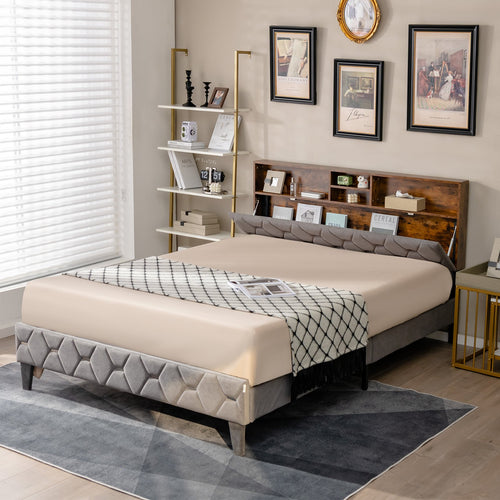 Full/Queen Size Upholstered Bed Frame with Storage Headboard-Full Size, Gray