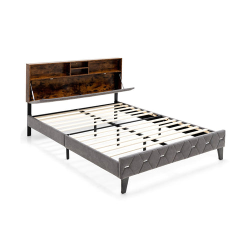 Full/Queen Size Upholstered Bed Frame with Storage Headboard-Full Size, Gray
