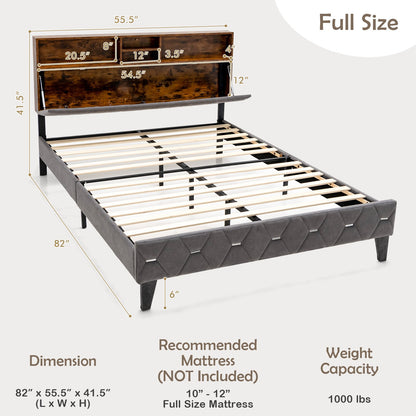 Full/Queen Size Upholstered Bed Frame with Storage Headboard-Full Size, Gray - Gallery Canada