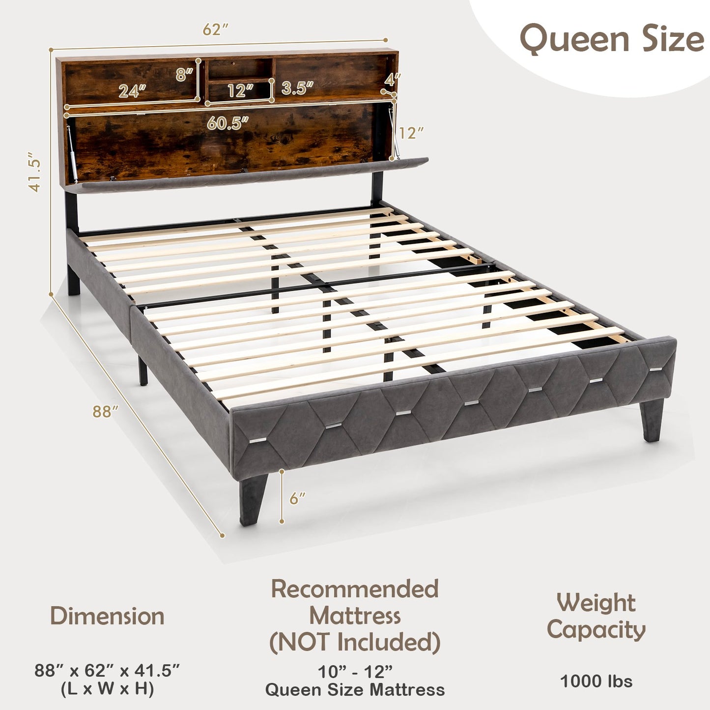 Full/Queen Size Upholstered Bed Frame with Storage Headboard-Queen Size, Gray - Gallery Canada